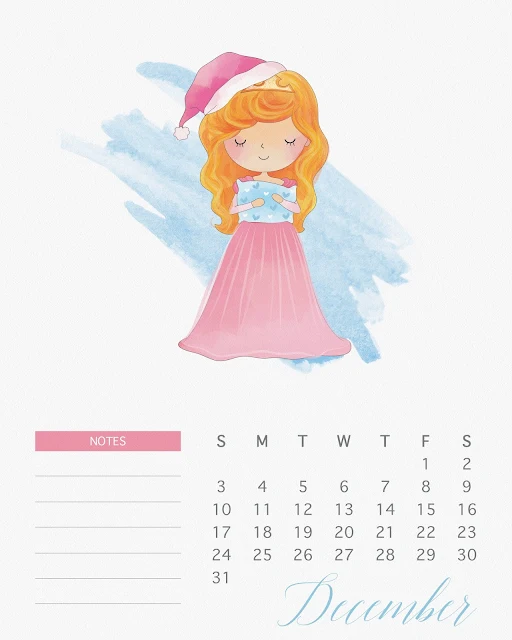 Calendario 2017 de las Princesas Disney para Imprimir Gratis  Diciembre.