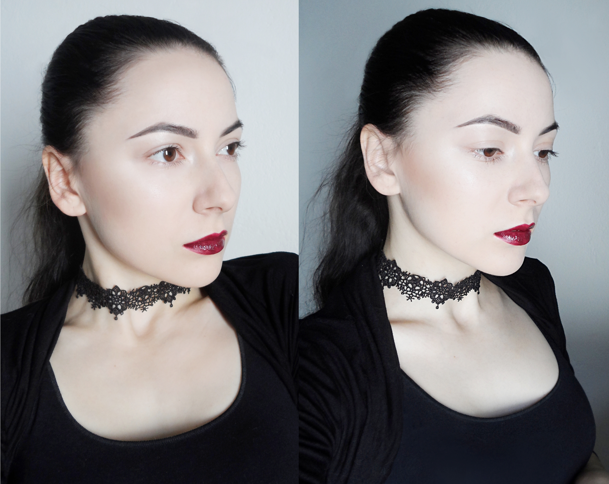 Liz Breygel's selfie with a simple gothic makeup look and victorian lace chocker on her neck