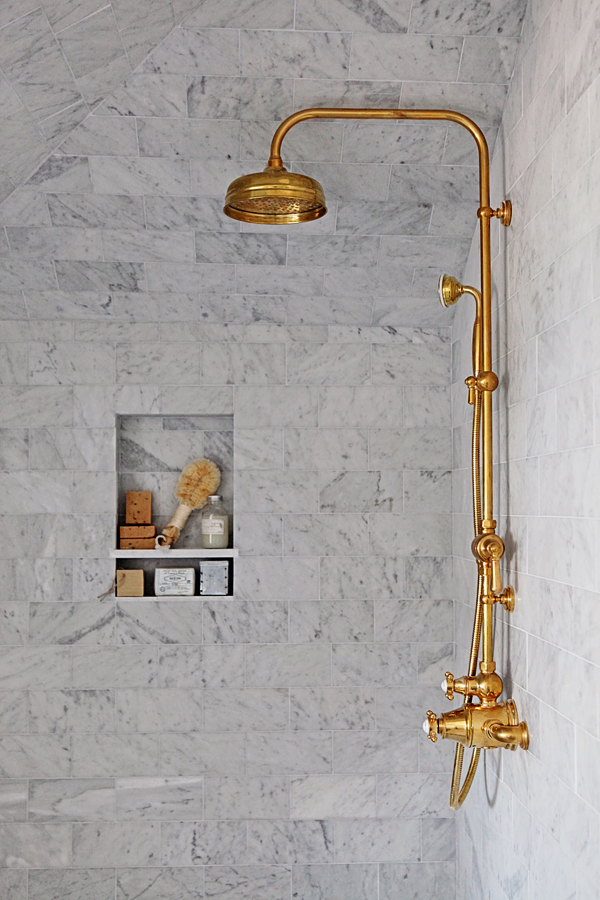 Dreamy Whites Master Bathroom Makeover with Unlacquered Brass Rohl Faucets