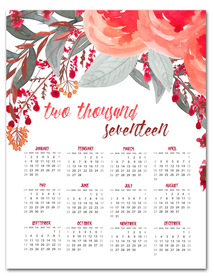 Free Printable Calendar | Download this beautiful watercolor free printable calendar just in time for 2017.