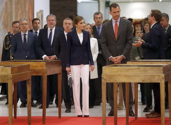 King Felipe and Queen Letizia attend the inauguration of the exhibition 'Peace Treaty' at the San Telmo Museum in San Sebastian, hugo boss, clutch, dress, magrit shoes