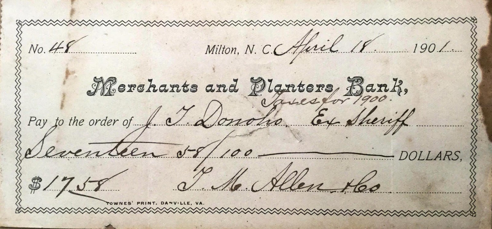 Caswell County North Carolina Merchants and Planters Bank (Milton