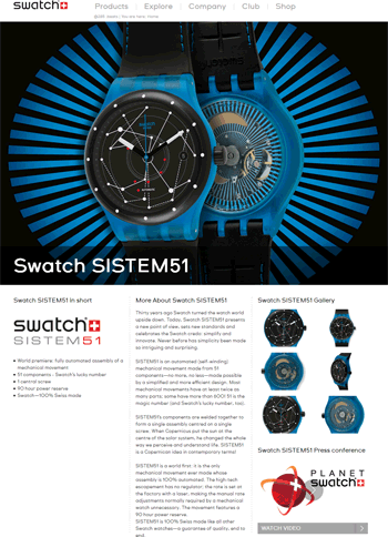 Swatch SISTEM51, Screen Shot via Official Swatch Website