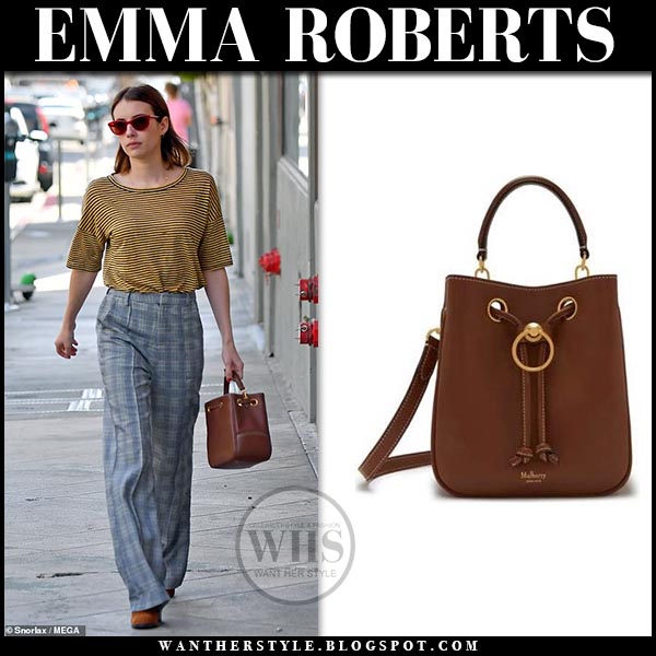 Emma Roberts with brown leather bucket bag in LA on March 27 ~ I