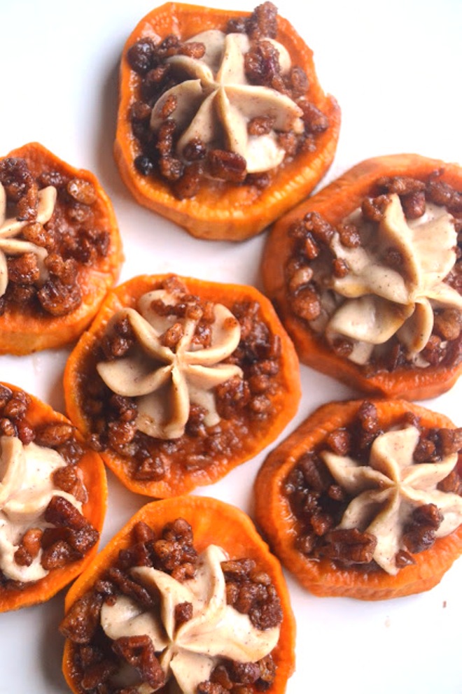 These Sweet Potato Pie Bites are perfect for dessert or part of a holiday meal. Roasted maple sweet potatoes with cinnamon cream cheese and maple pecans make this dish mouth-watering! www.nutritionistreviews.com