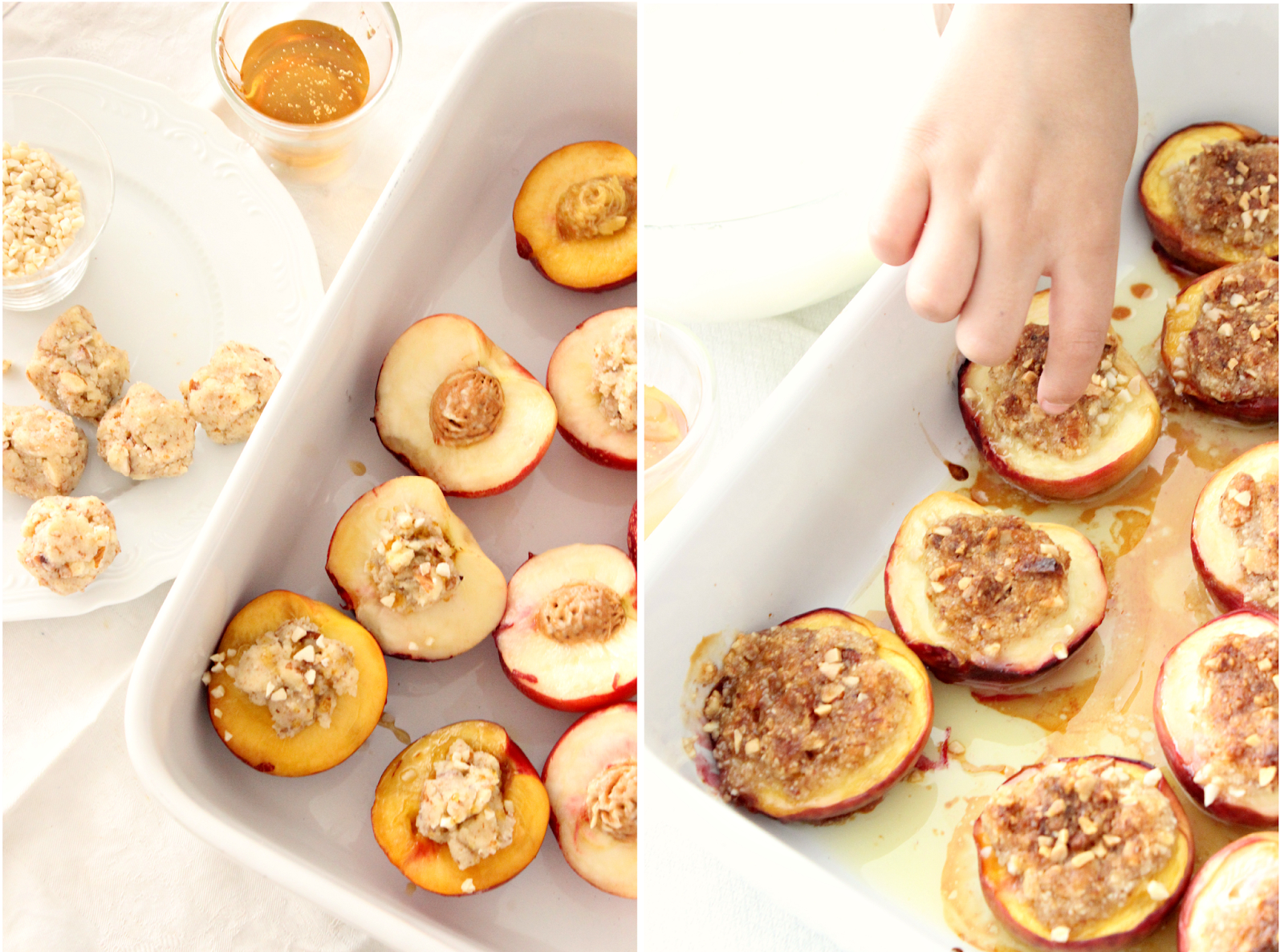 Nectarines au Four en Crumble d'Amandes, Crème au Golden Syrup