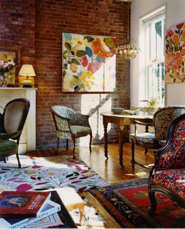 Wallpapers and fabrics with floral patterns as decoration in the interior design