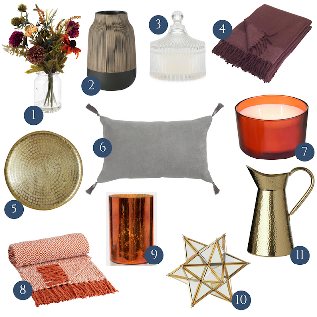 Update your home for autumn/winter with decor and decorations from the high street on a budget. Copper, grey, mustard and burnt orange. Fall DIY room ideas.