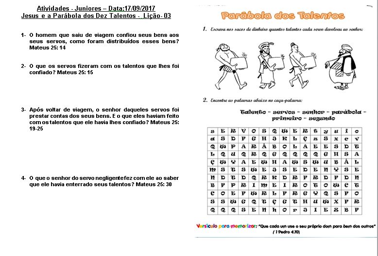 Ministério Água Viva Kids Jesus e a Parábola dos Dez Talentos Atividades Juniores