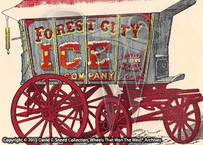 An early promotional image showing a 2-horse Knickerbocker Ice Wagon with a capacity of 4,500 pounds.