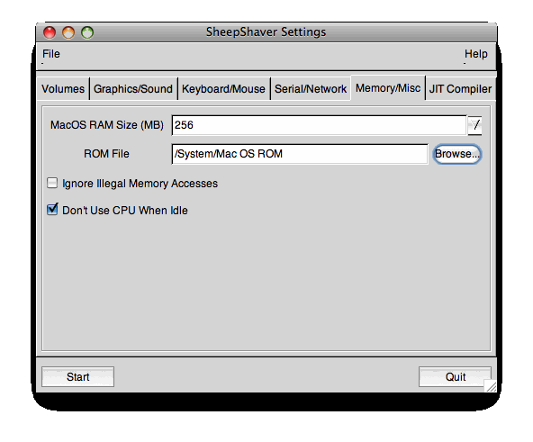 The SheepShaverGUI Memory/Misc tab showing our ROM/RAM settings