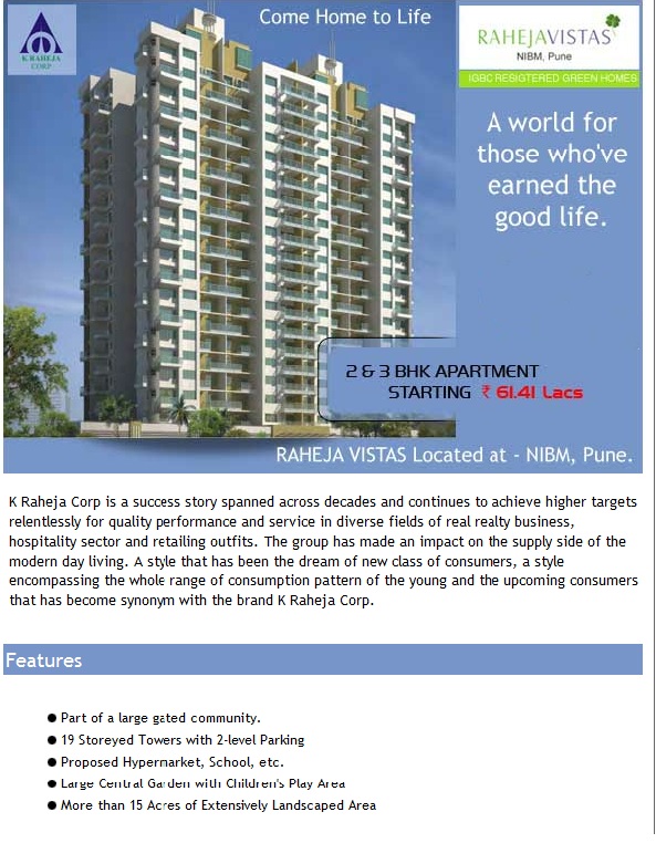 Indian Real Estate New Launch Raheja Vistas, NIBM, Pune