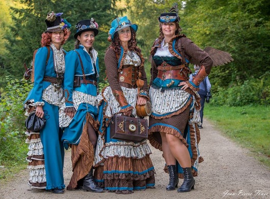 Learn how to put together women's steampunk costumes for a group (with matching and coordinating clothing and fabrics)
