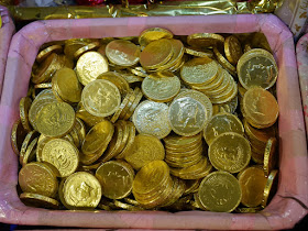 chocolate coins for sale at the Taipei Lunar New Year Festival on Dihua Street