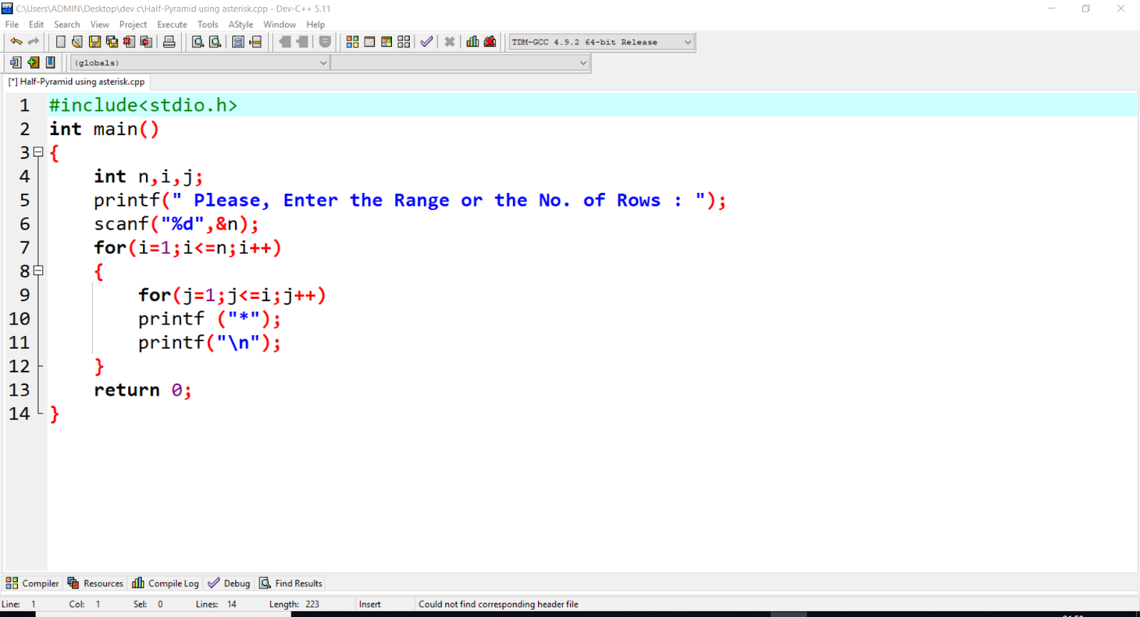C-Program of Printing Half Pyramid using *(Asterisk)