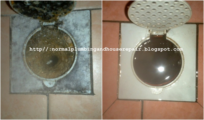 Normal Plumbing Saluran Bahan Gully Trap Tersumbat Di Subang Jaya Saluran Itu Dipenuhi Dengan Lelemak Yang Keras Dan Membeku Manakala Gambar Disebelahnya Adalah Floor Trap Di Tandas Kelihatan Air Bertakung