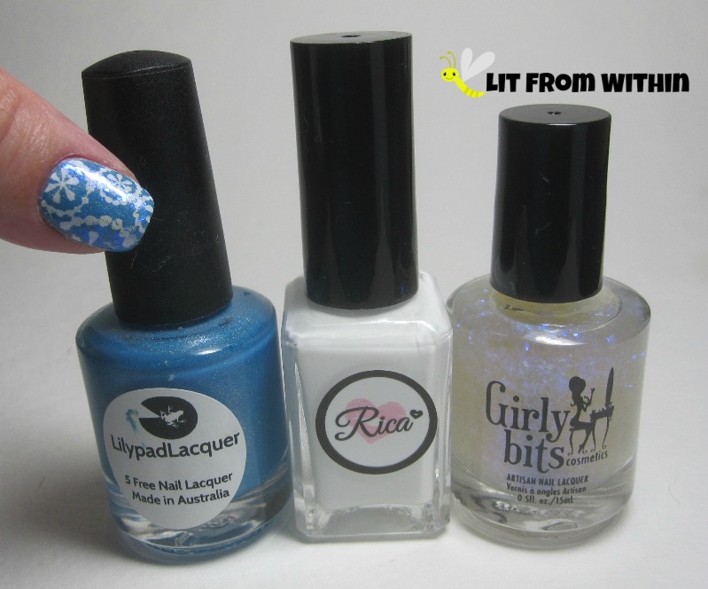 Bottle shot:  Lilypad Lacquer Sherbet, Rica Whiteout, and Girly Bits Must.Resist!
