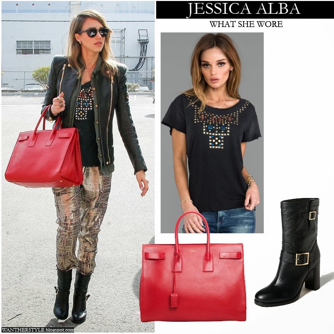 WHAT SHE WORE: Jessica Alba with red leather tote in black embellished ...