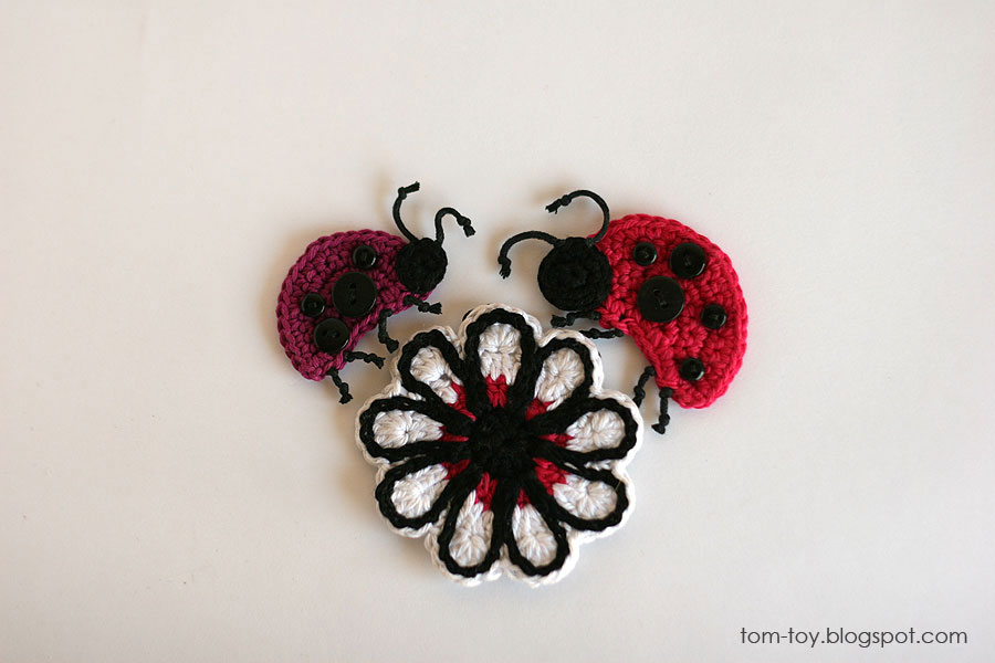 Handmade ladybugs appliques - crochet ladybugs, flowers, umbrella, mushroom, heart