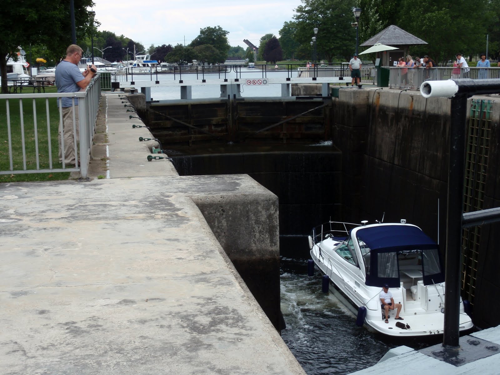 A boat going through one of many locks.