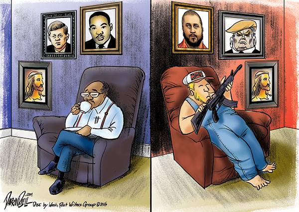 Image One:  Black man in easy chair sipping coffee; on the blue-painted wall behind him are pictures of Jesus, Martin Luther King, Jr., and John F. Kennedy.  Image Two:  White man sitting in easy chair fondling an assault weapon; on the red-painted wall behind him are pictures of Donald Trump, George Zimmerman, and Jesus Christ.