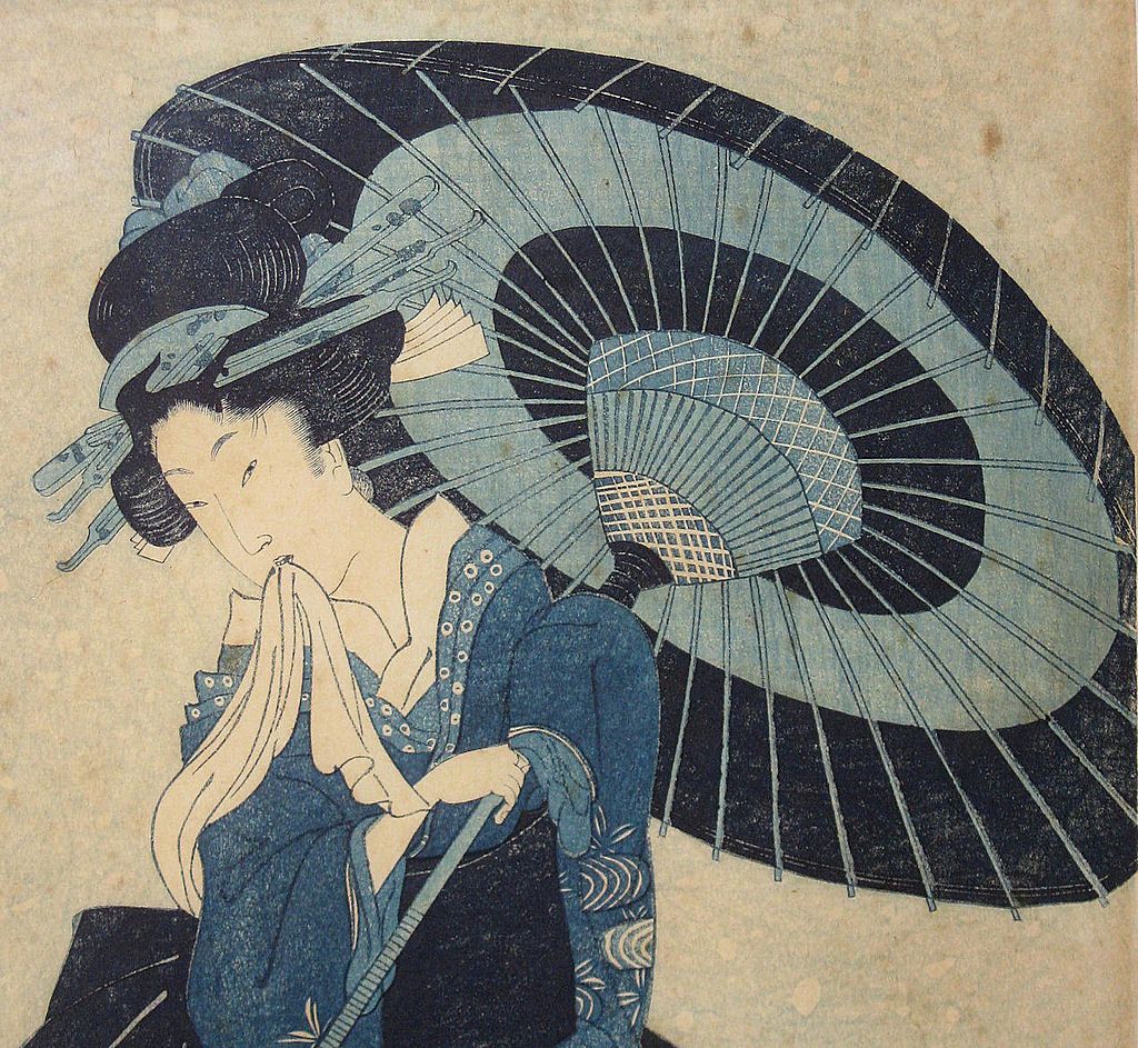 Японская гравюра. Японская гравюра укиё-э зонт. Укиё-э гейша. Искусство древней Японии укие-э. Китагава Утамаро красавица Осомэ.