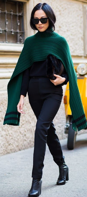 Edgy look | Everything black with green turtle neck poncho scarf | Just ...
