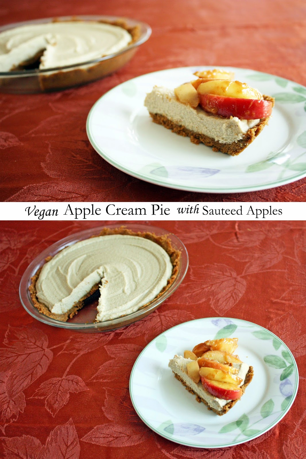 Vegan apple peanut butter cheesecake pie with sautéed apples
