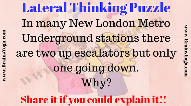 Lateral Thinking aLateral Thinking Puzzle: In many New London Metro Underground station Metro there are two up escalators but only one going down. Why?Puzzle: In many New London Metro Underground station Metro there are two up escalators but only www.one going down. Why?