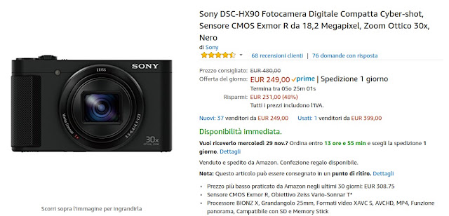 Offerta Cyber Monday: fotocamera Sony DSC-HX90 a 249 euro venduta e spedita da Amazon