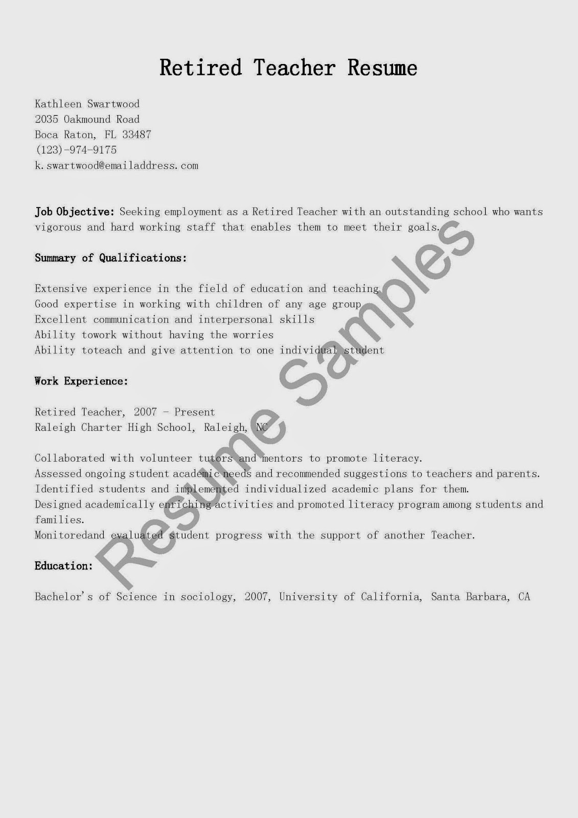 Resume Samples Retired Teacher - Retired Teacher Resume