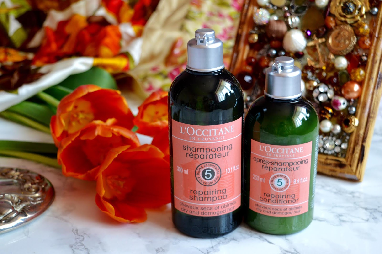 L'Occitane 5 essential oils shampoo + conditioner repairing hair care duo | The Perks Of Mollie