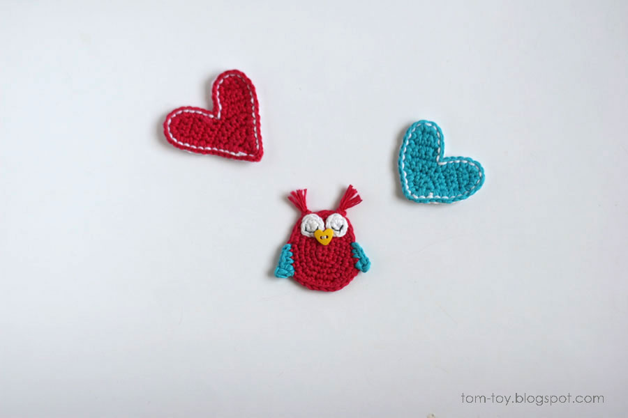 owl crochet applique, heart applique, handmade