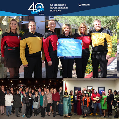Collage of images from Rio Salado college wide retreat featuring staff dressed in Star Trek uniforms, a group photo of attendees at 40th party and group photo of Halloween contest participants