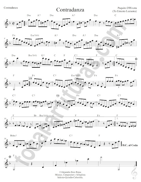 Contradanza de Paquito D'Rivera Partitura Fácil con Acordes Contradanza Easy Sheet Music with Chords