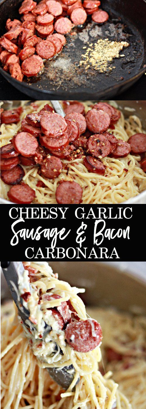 CHEESY GARLIC SAUSAGE AND BACON CARBONARA Moms Cooking