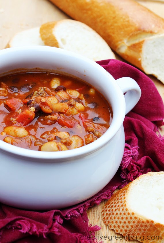 healthy bean recipes -- bowl of Italian winter squash chili from Creative Green Living