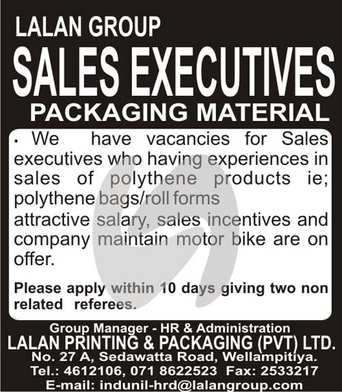 Vacancies for Sales Executives (Packaging Material) at Lalan Printing