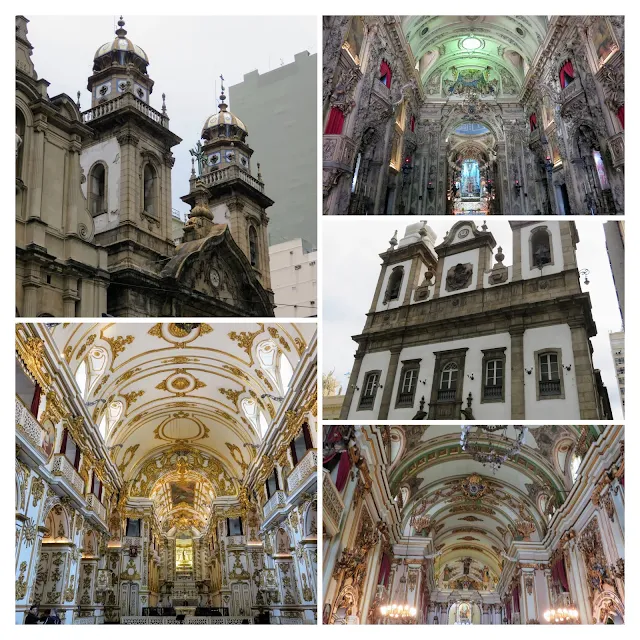 Collage of interiors and exteriors of churches in Rio de Janeiro Centro District