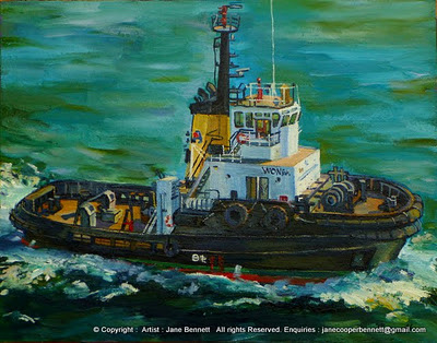 Marine painting- plein air oil painting of tug in Sydney Harbour by marine artist Jane Bennett