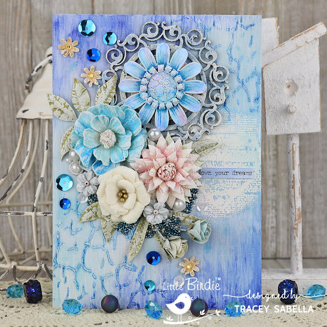 Own Your Dreams Mixed Media Card by Tracey Sabella for Little Birdie Crafts: #traceysabella #littlebirdiecrafts #littlebirdiecraftsonline #littlebirdieflowers #mixedmedia #grunge #card #cards #mixedmediacard #mixedmediacards #diy #diycard #diycrafts #timholtz #lindysgang #lindysstampgang #rangerink #stampendous #helmar 
