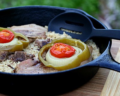 Pork Chops & Rice Oven Dinner, another One-Pot Dinner ♥ KitchenParade.com, a simple satisfying meal. Old-Fashioned Comfort Food. High Protein. Weight Watchers Friendly.