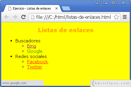 Ejercicio con listas de enlaces en HTML.