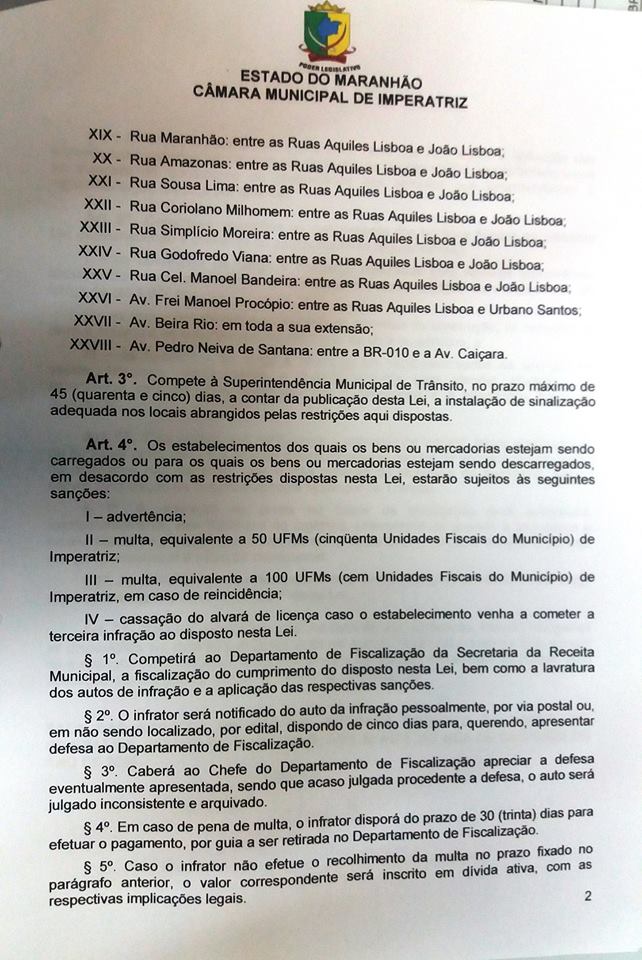 Projeto de Lei que fixa horários de cargas e descargas no Mercadinho e