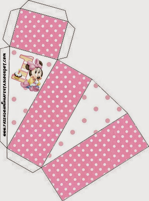 Minnie Primer Año con Lunares: Cajas para Imprimir Gratis. Esta es para hacer la tarta de cajas.