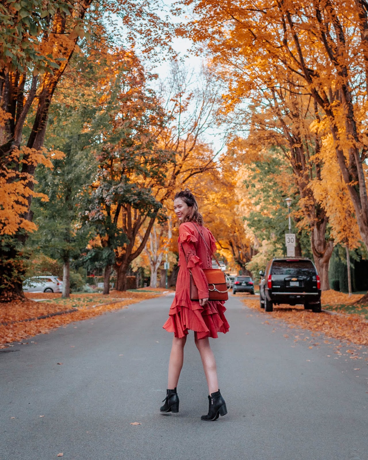 Camel tones, vancouver blogger, fall trends, fall 2018 trends, camel coat, cozy outfit for winter, fall outfit, fall style, canadian style, canadian fashion blogger, rust tones, sea new york, weatherly dress, fall dresses, chloe faye, blondo booties