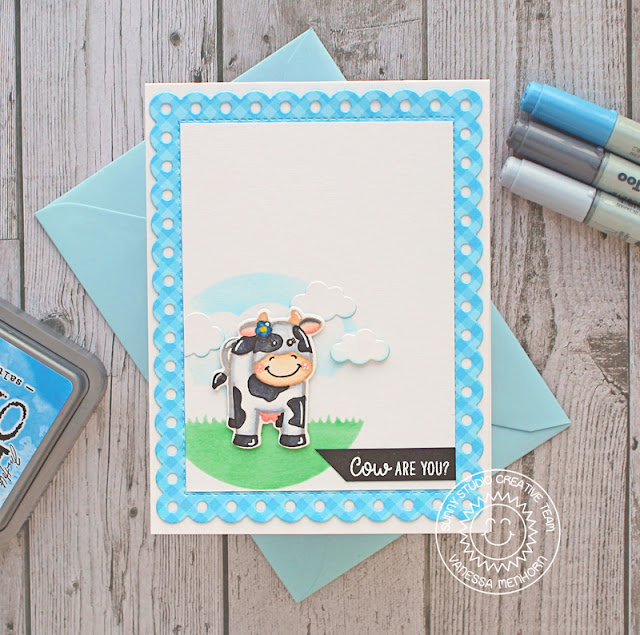 Sunny Studio Stamps: Miss Moo Comic Strip Everyday Dies Frilly Frames Dies Cow Are You Punny Card by Vanessa Menhorn