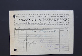    Factura de la Librería Binefarense de 5000 etiquetas por 55 pesetas de la época. 31 de marzo de 1942