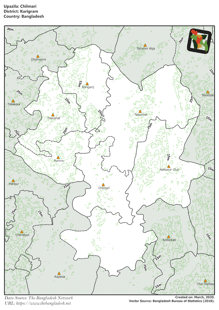 Chilmari Upazila Elevation Map Kurigram District Bangladesh