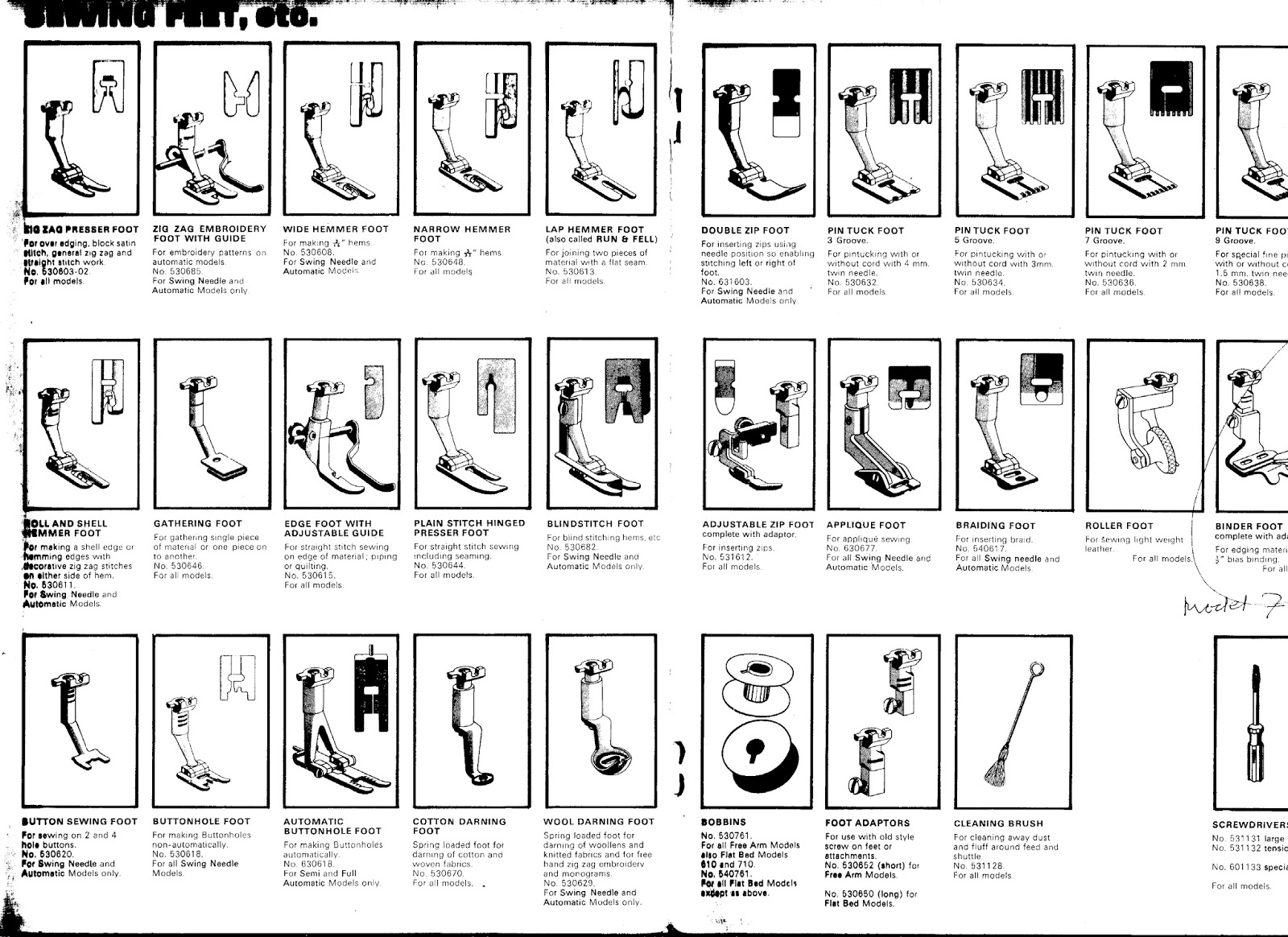 Bernina Old Style Presser Feet Chart